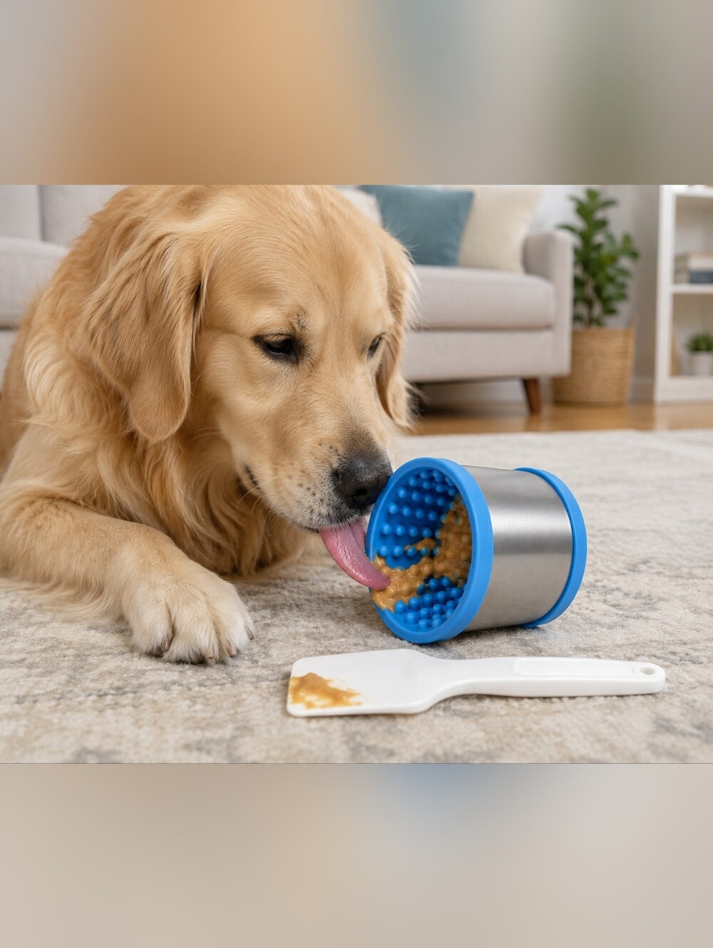 Dog Lick Bowl Slow Feeder Treat Dispenser w/ Spatula Stainless Steel Blue Small